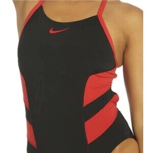 NWT Nike Swimsuit Women's Vex Racerback One Pc Colorblock Black Red Sz 34/8